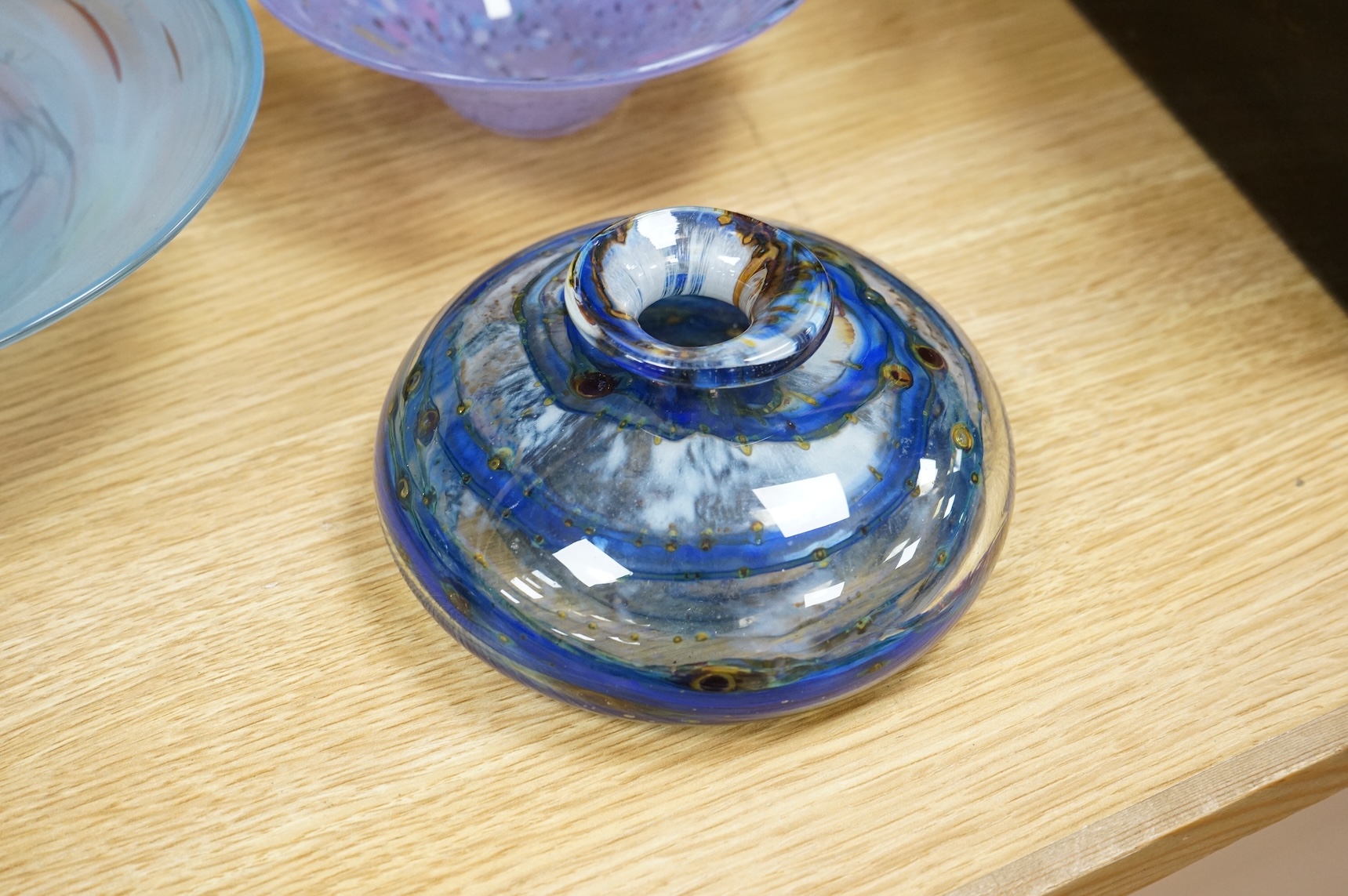 A collection of mixed art glass and paperweights, including two Mdina flared rimmed glass vases, Adrian Shankey glass, an Isle of Wight squat vase, various paperweights and a dump etc. (15)